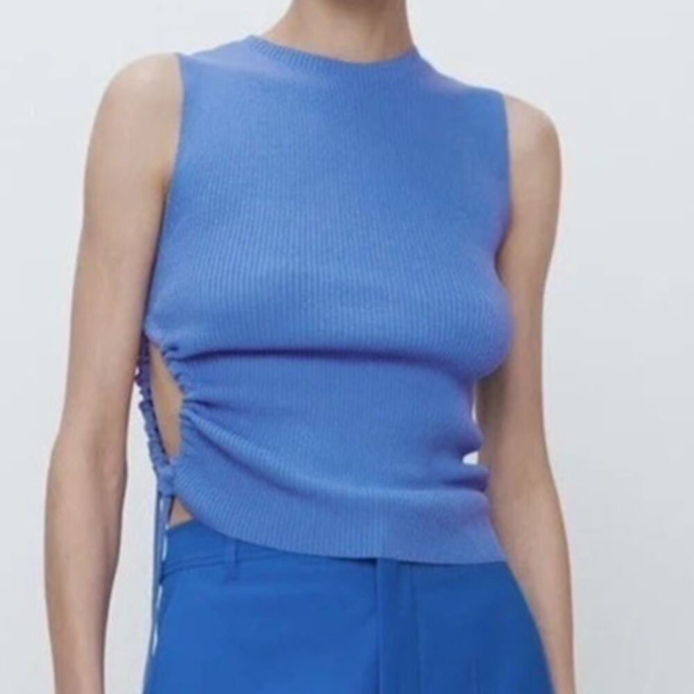Zara Ruched Ribbed Sleeveless Side Key Hole Tie Tank Top Crop Tank Top S Blue